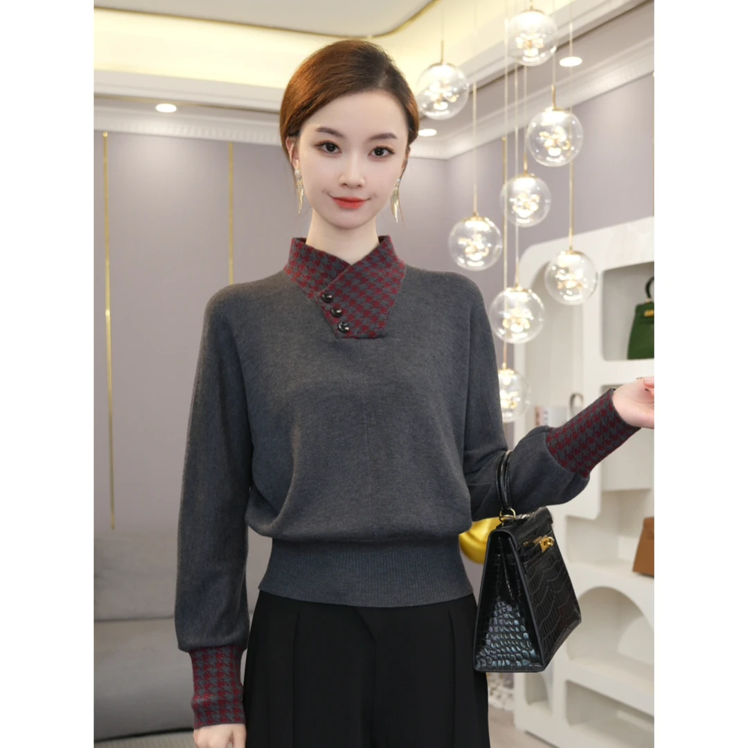 唐熹秋冬新款【TX-38】含绵羊毛时尚拼接灰色秋冬毛衣内搭打底衫