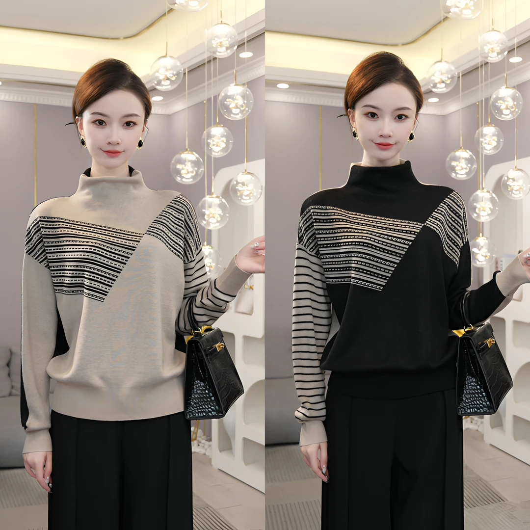 唐熹2025早春款品质女装【6186】含绵羊毛套头黑灰色高领针织衫毛衣