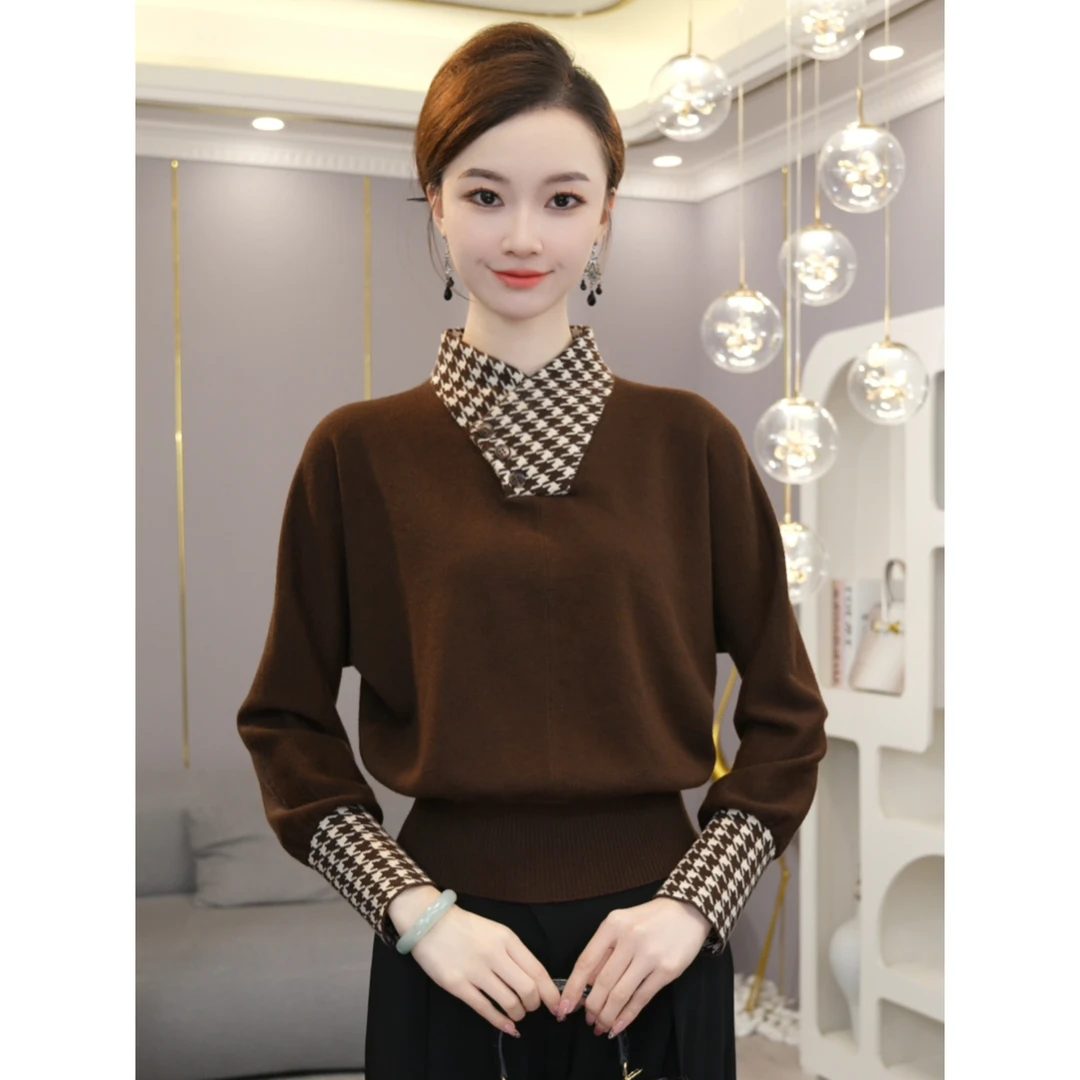 唐熹预售2024早春新款【TX-38】含绵羊毛时尚拼接棕色套头针织衫女