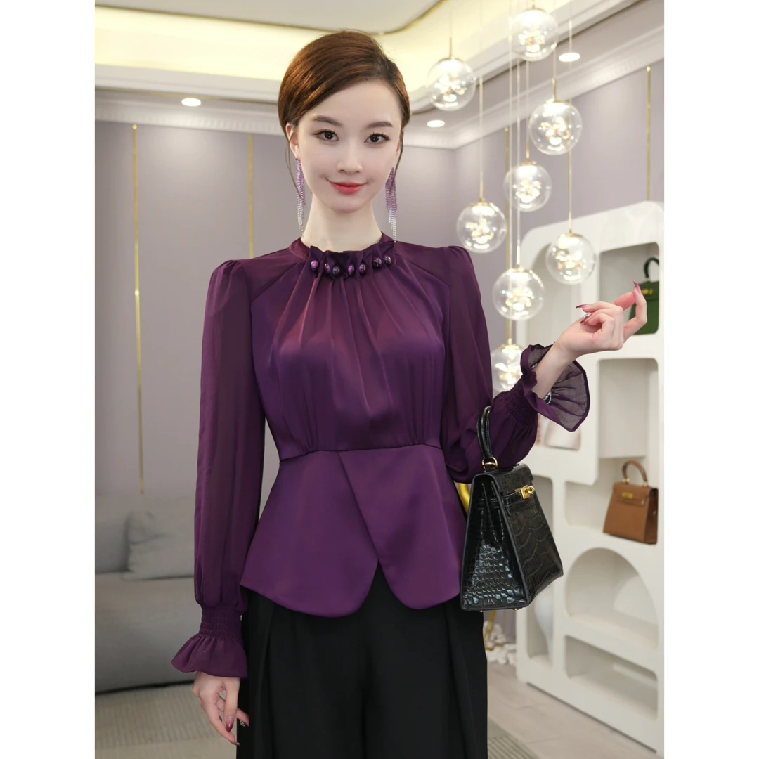 唐熹2025早春新款【LT24-Q543】减龄时尚紫色重工长袖衬衫上衣