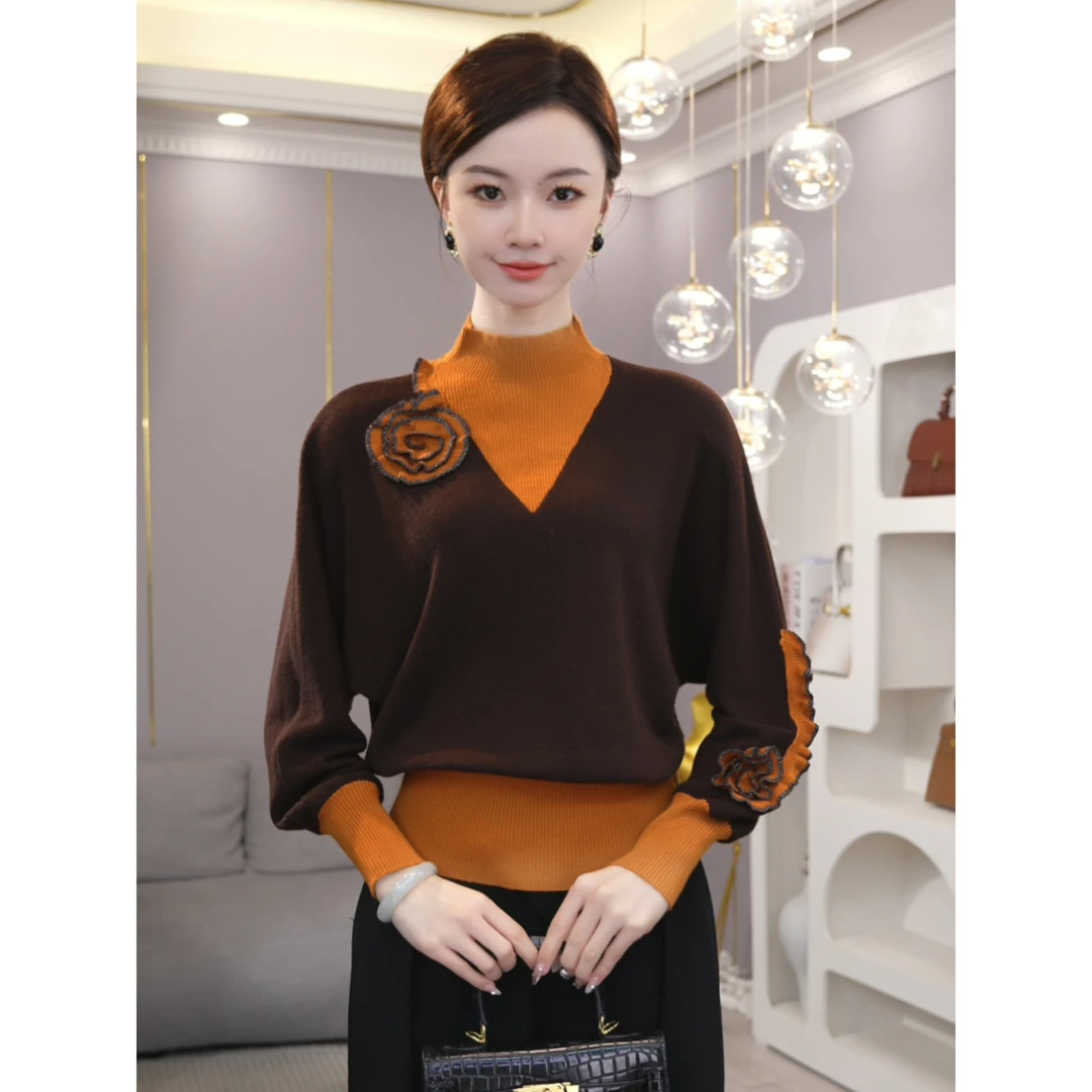 唐熹2025秋冬新款【ZM-D728JR】含绵羊毛假两件撞色拼接针织衫上衣