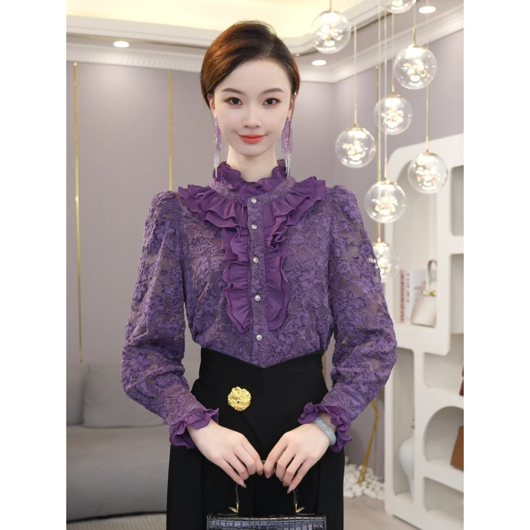 2025秋冬新款【LT24-Q667-1】加绒加厚紫色刺绣蕾丝长袖衬衫开衫女