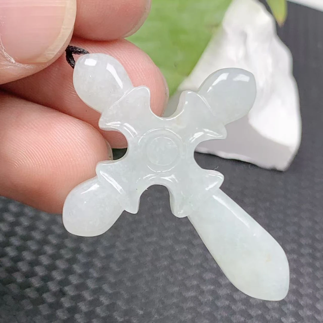缅甸天然玉石翡翠A货糯种仿古精雕白色十字架吊坠挂件复古百搭