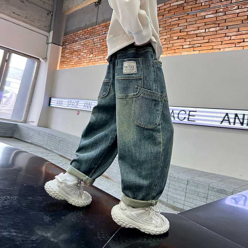 男童秋装直筒复古宽松工装牛仔裤2024新款中大儿童春秋K233KZ3588