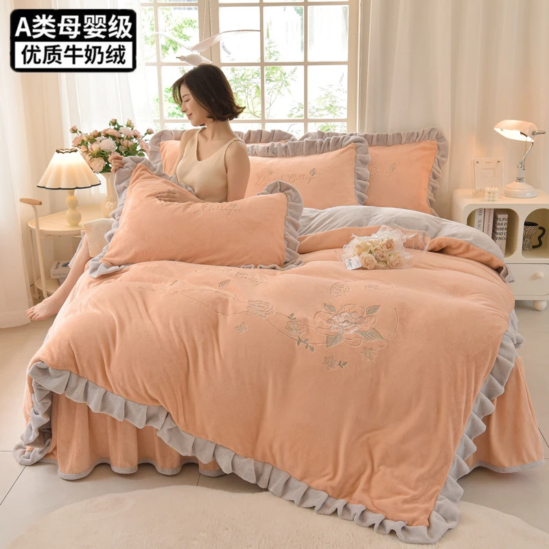 少女心牛奶绒四件套秋冬季加厚珊瑚绒高级感刺绣防静电公主风床品