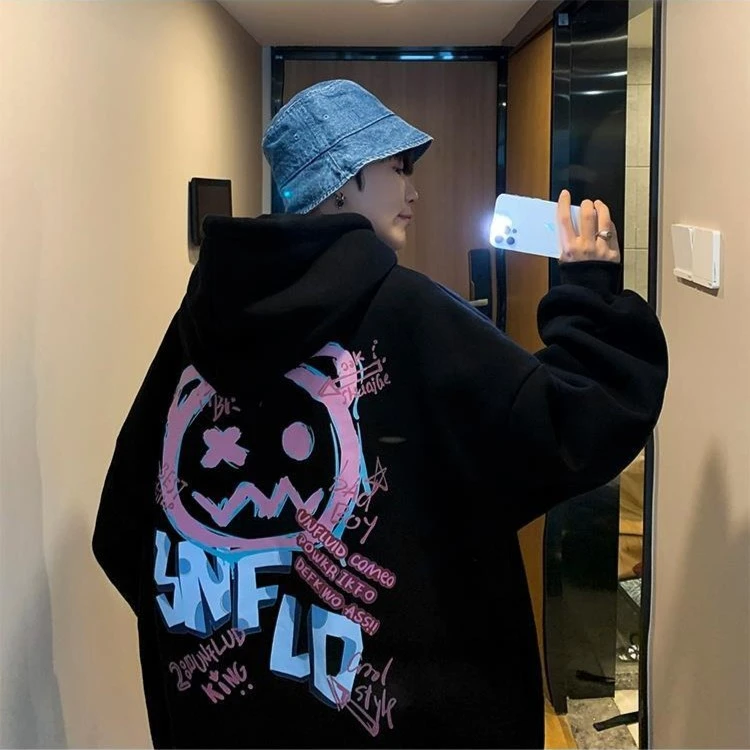 连帽卫衣男炸街嘻哈小恶魔涂鸦印花潮牌ins秋冬款加绒宽松衣服