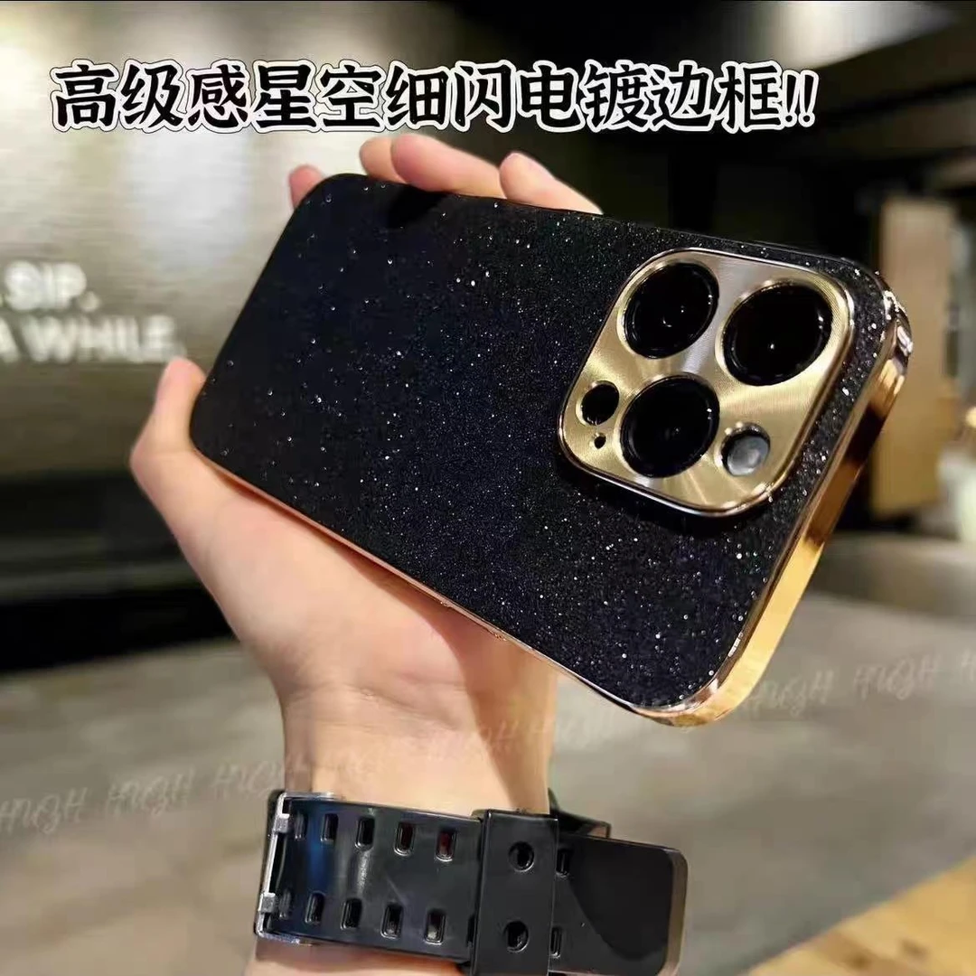磨砂黑色闪粉iphone15手机保护壳苹果13proMax1412电镀软边11全包