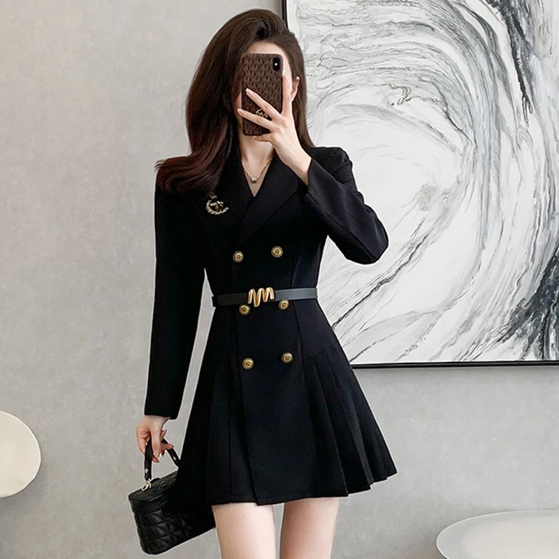 赫本风黑色西装连衣裙2025新款气质通勤小个子西服修身百褶裙1875