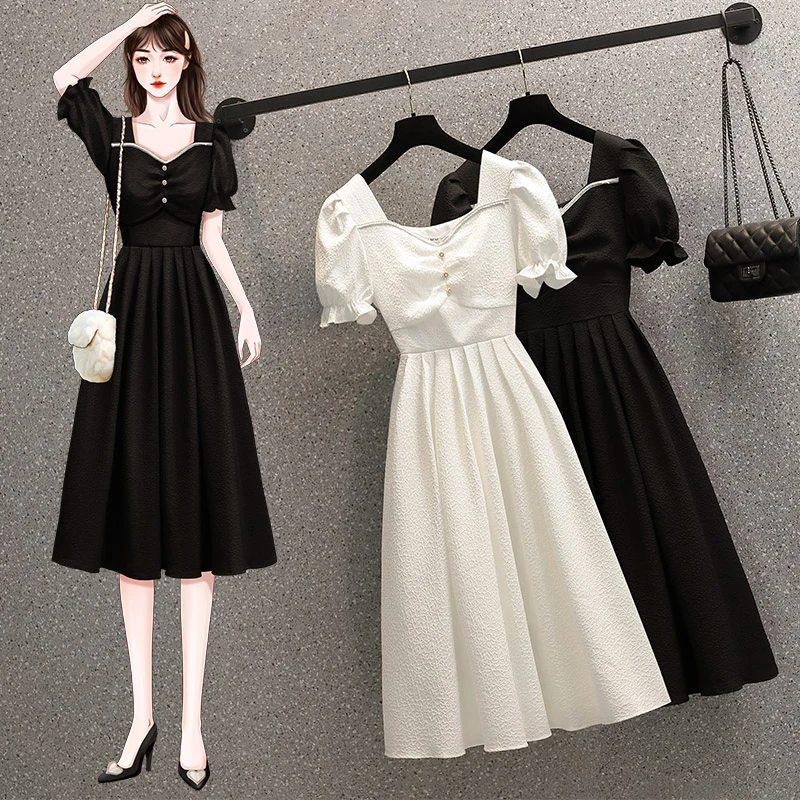 2025夏季新款胖妹妹显瘦遮肚收腰A字气质法式方领连衣裙6849