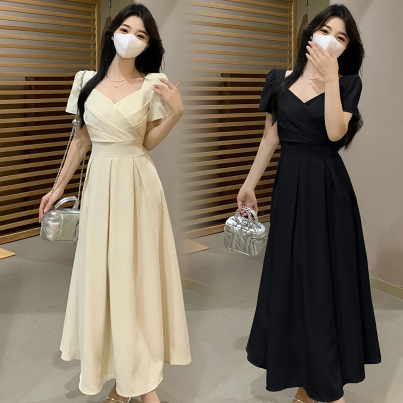 【大码】新款夏季高腰褶皱方领连衣裙韩版气质显瘦长裙B8055