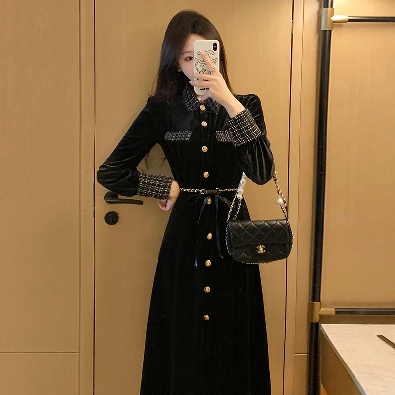 小香风连衣裙新款女装长袖收腰显瘦名媛气质高端黑色裙子6329