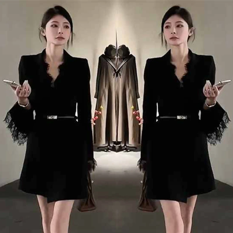 【送腰带】时尚西装2025秋季款V领蕾丝拼接连衣裙收腰显瘦裙子1842