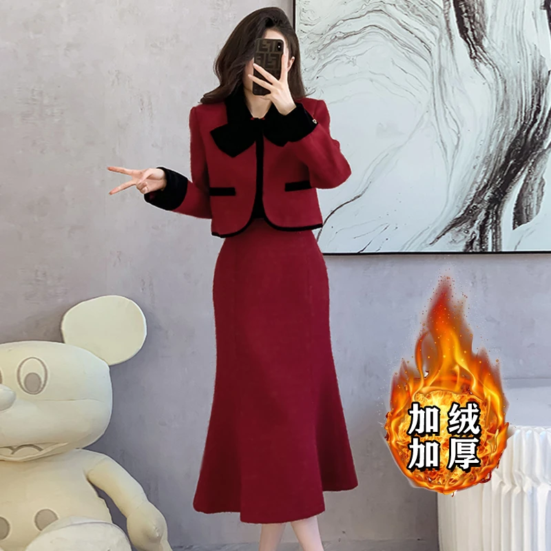 【加绒加厚】【两件套】法式红色小香风套装裙时尚修身显瘦两件套6416