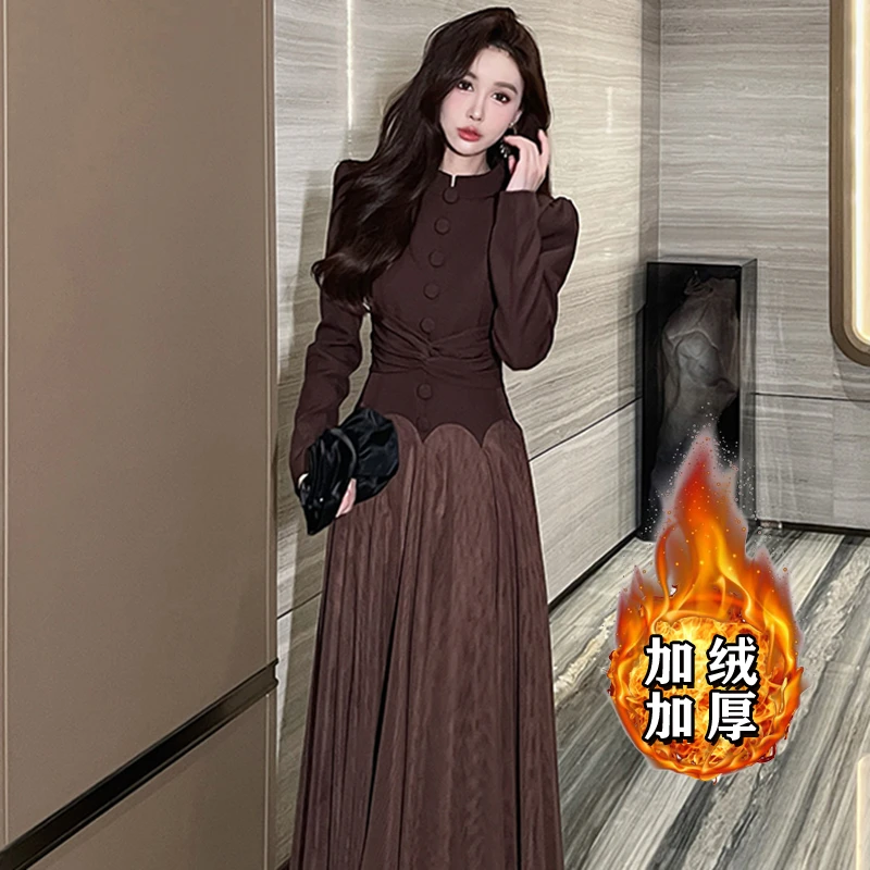 【加绒加厚】气质时尚法式复古设计感连衣裙名媛收腰网纱长裙秋2653