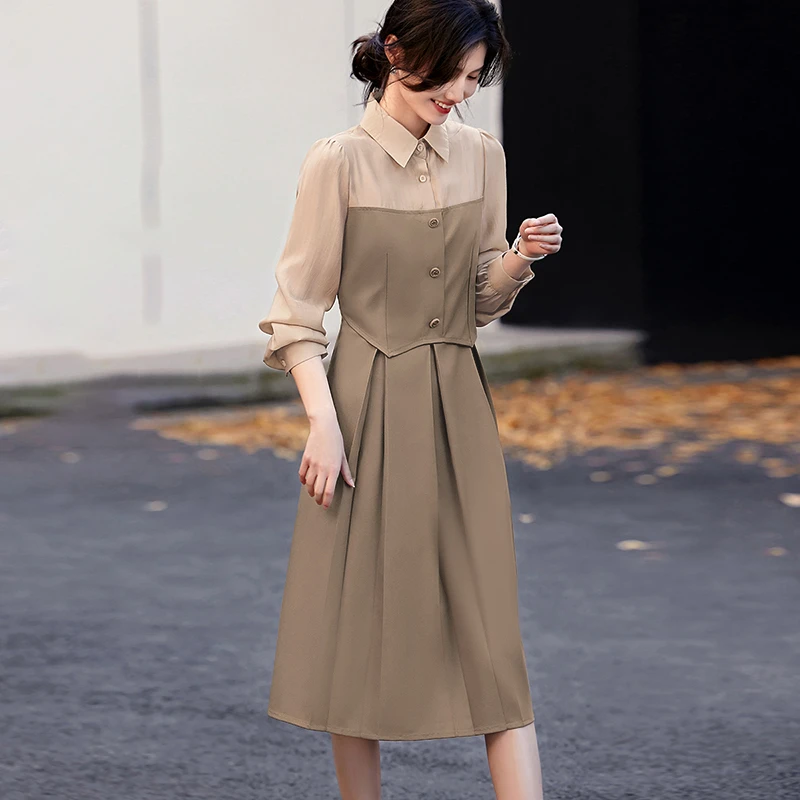 收腰显瘦拼接连衣裙女装秋季优雅气质设计感小众通勤衬衫裙子1856