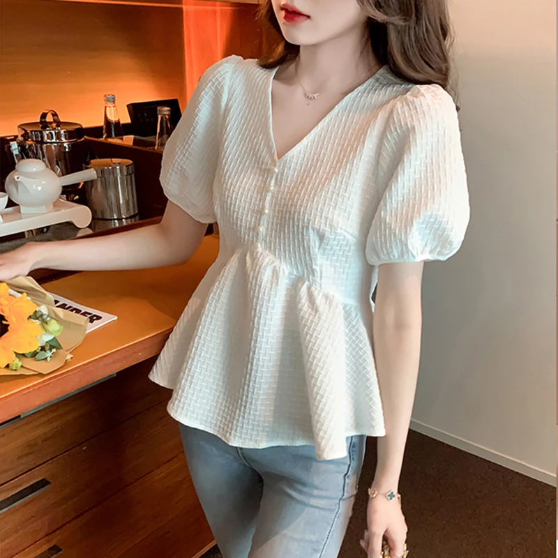 泡泡短袖衬衫女夏季2025新款洋气收腰显瘦遮肚子减龄上衣9798