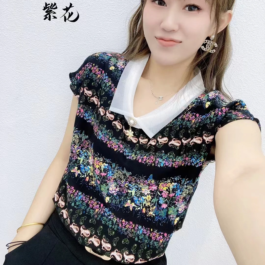 夏季新款女士上衣T恤小衫百搭欧根纱白领碎花气质遮肚显瘦短袖