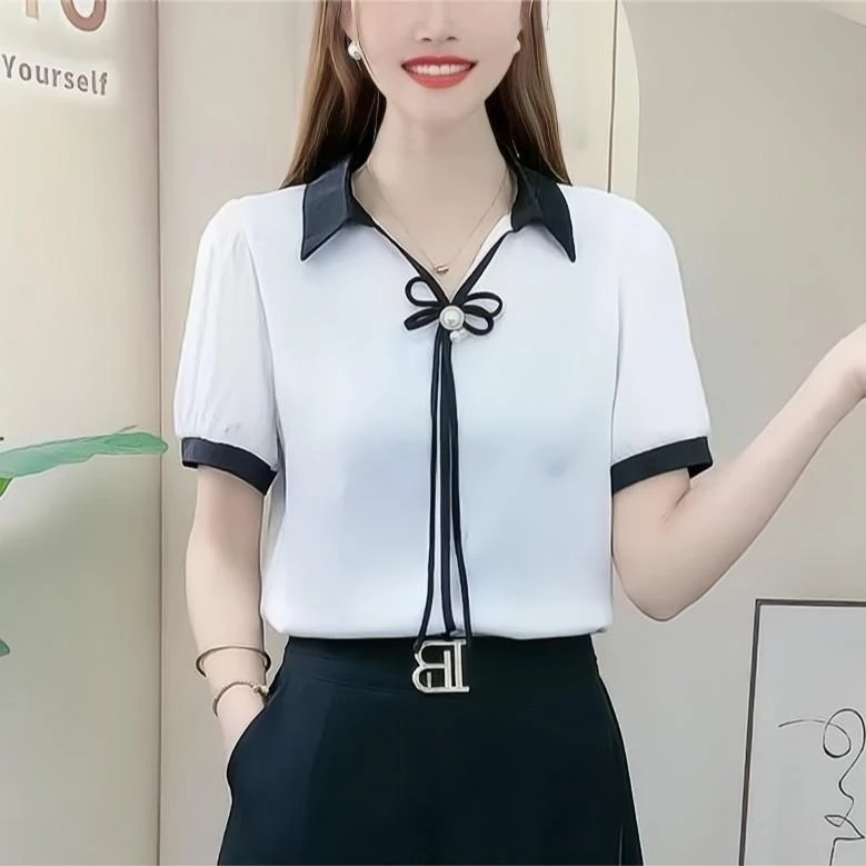2331夏季新款纯色衬衫百搭拼接女装短袖衬衣中国风上衣减龄小衫