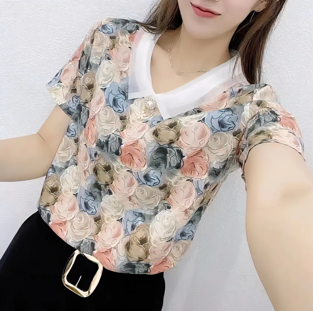 2255新款夏季时尚百搭娃娃领气质遮肚子显瘦女士短袖洋气碎花小衫