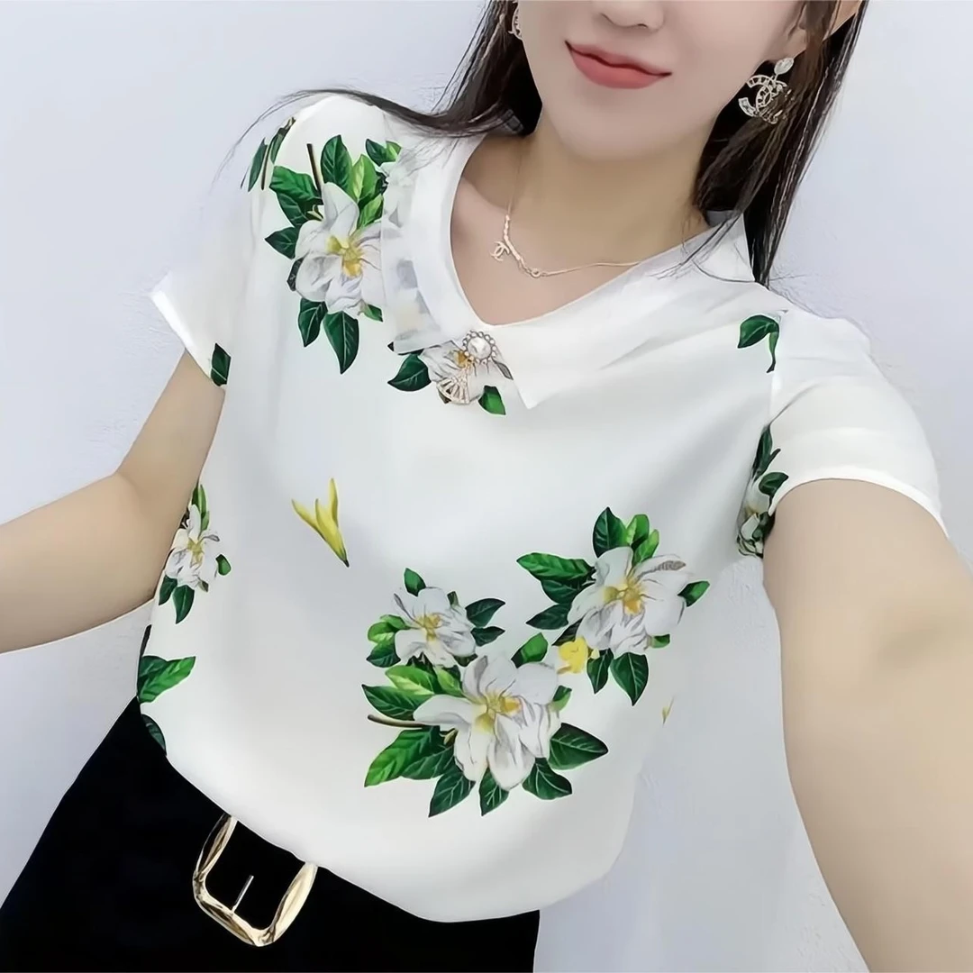 2024新款夏季时尚百搭印花娃娃领女士短袖显瘦遮肚碎花洋气小衫