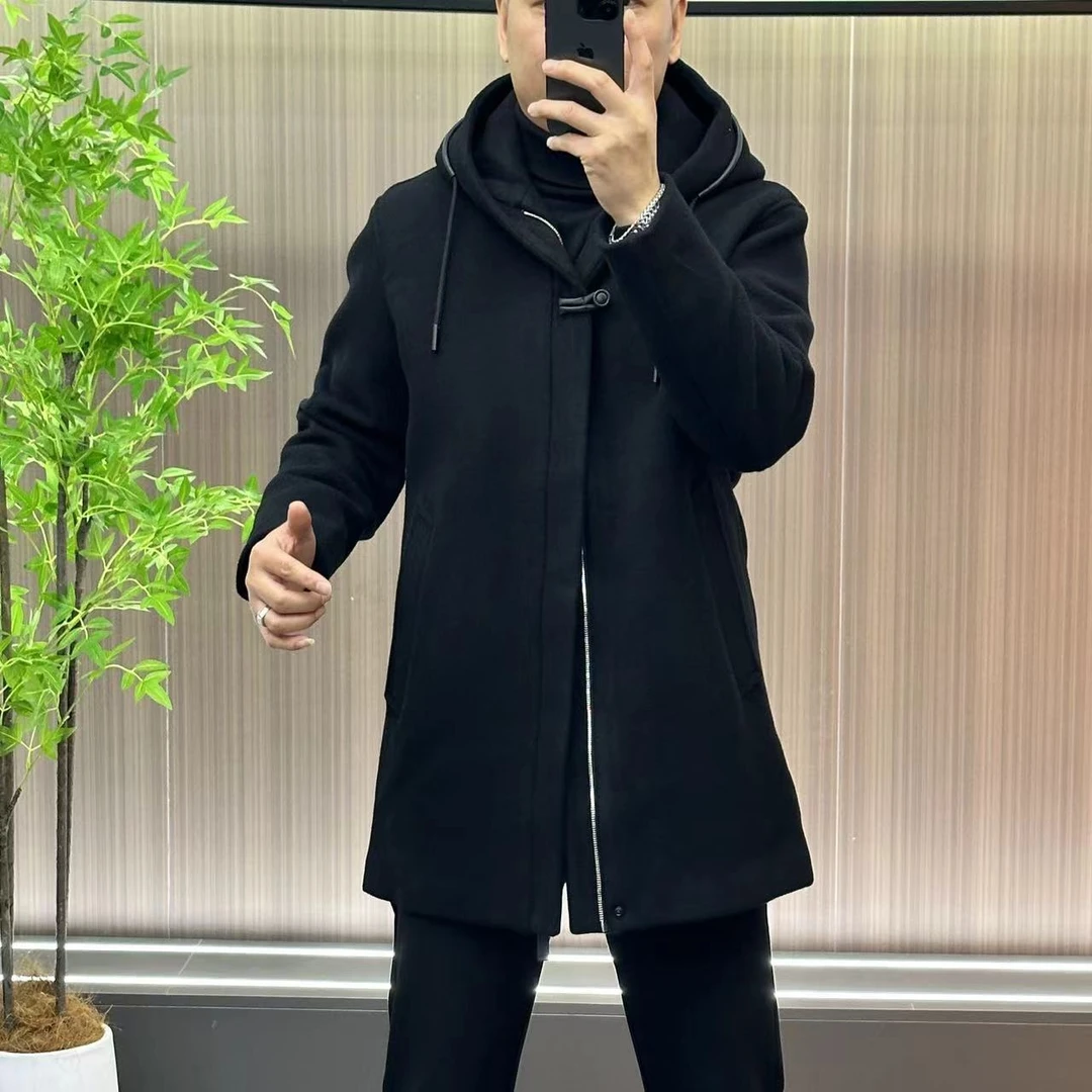 99187【定制款】24秋冬新品•简约轻奢连帽款羊毛尼风衣外套