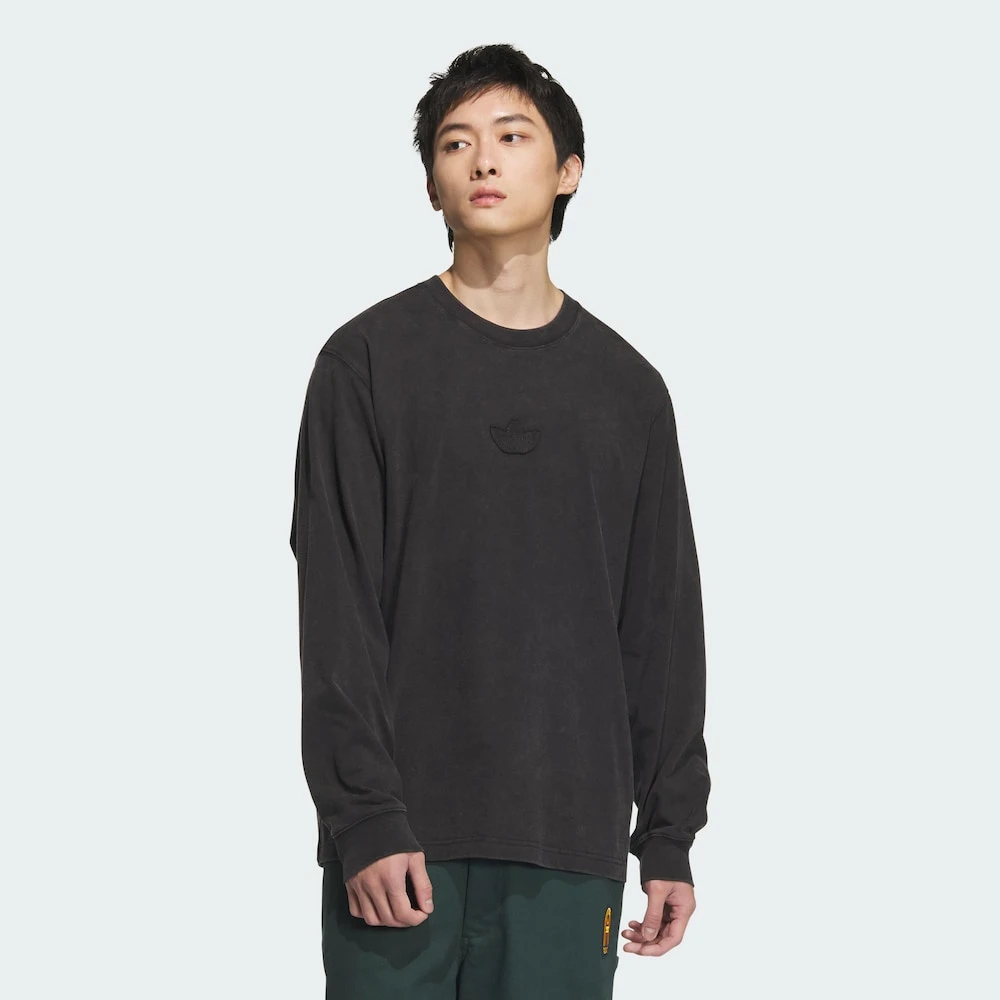 Adidas三叶草WASHED LONG SLEEVE 纯棉复古运动长袖圆领T恤JV6938