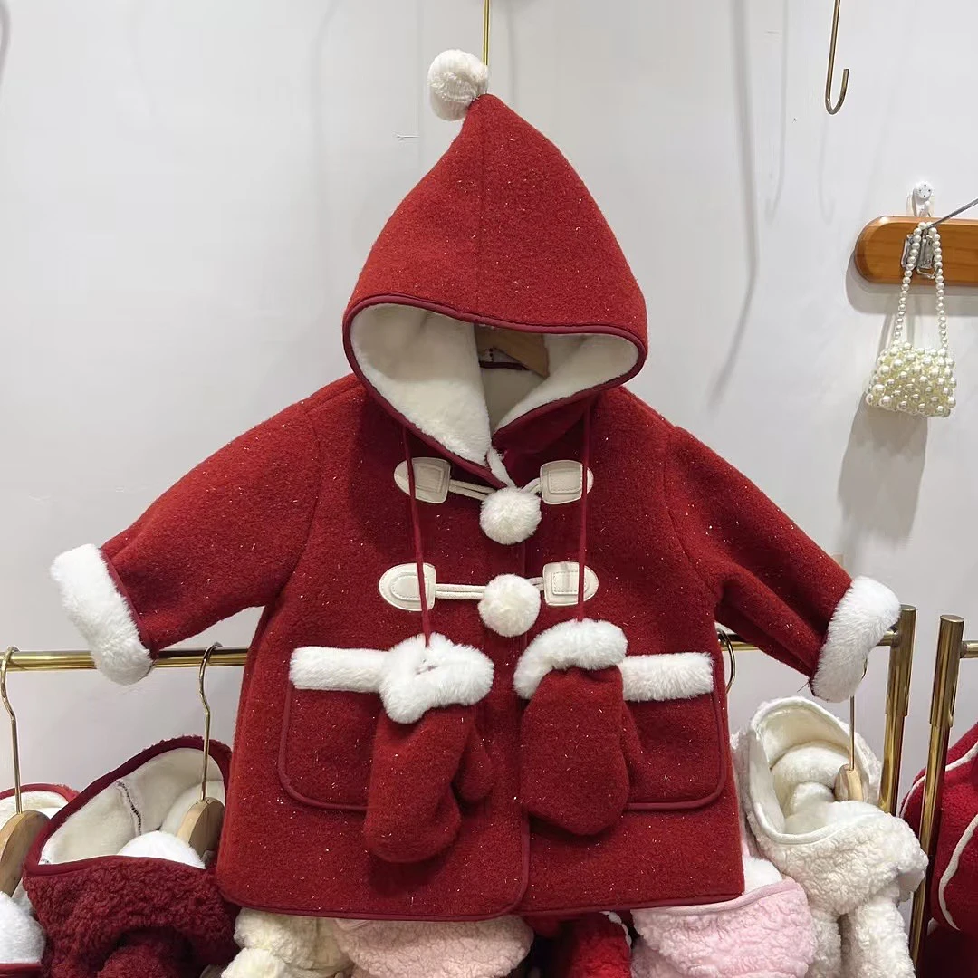 女童秋冬加绒外套中长款年服洋气保暖毛毛宝宝外出服装红色冬款