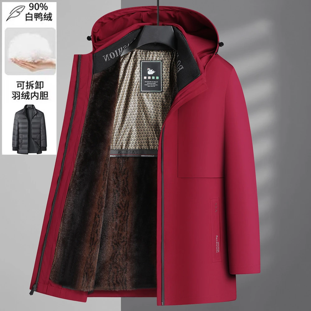 冬季爸爸羽绒服男加绒可拆内胆冬装中老年爷爷喜庆本命年红色外套