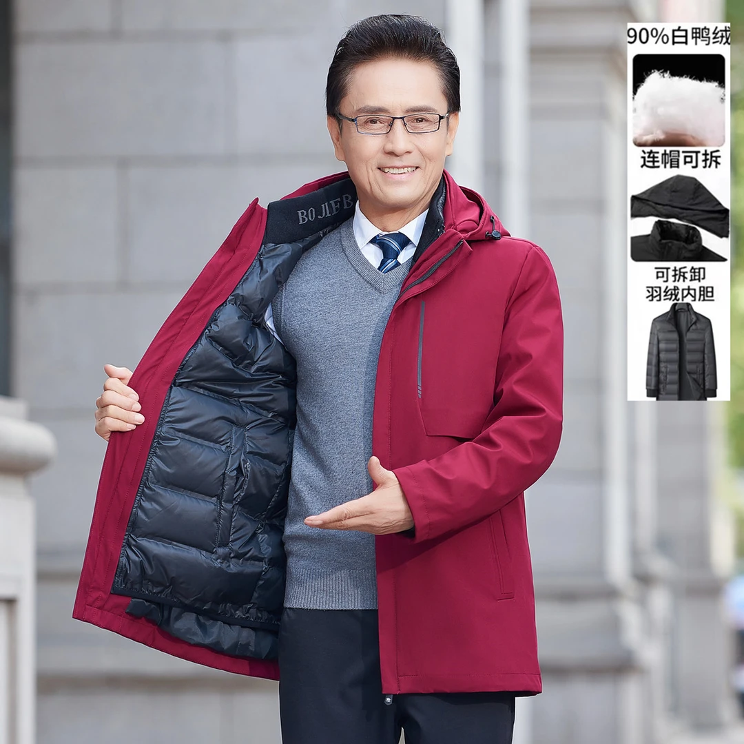 冬季爸爸装羽绒服中老年人男士可拆卸内胆爷爷本命年红色加厚外套