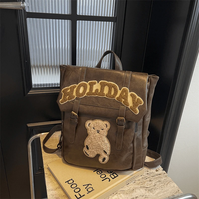 2025新款潮时尚韩国大容量双肩背包女小熊复古棕色大学生书包