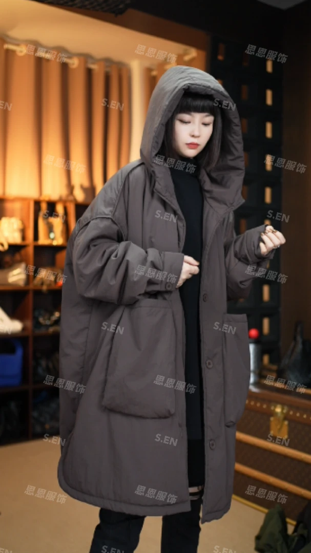 【明明】2024冬季新款休闲简约连帽大口袋棉服外套女360