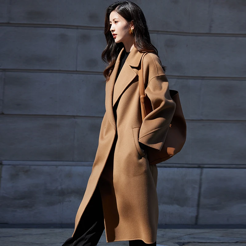 泰迪熊款袖子斜拱针双面羊绒大衣气质外套宽松中长款秋冬