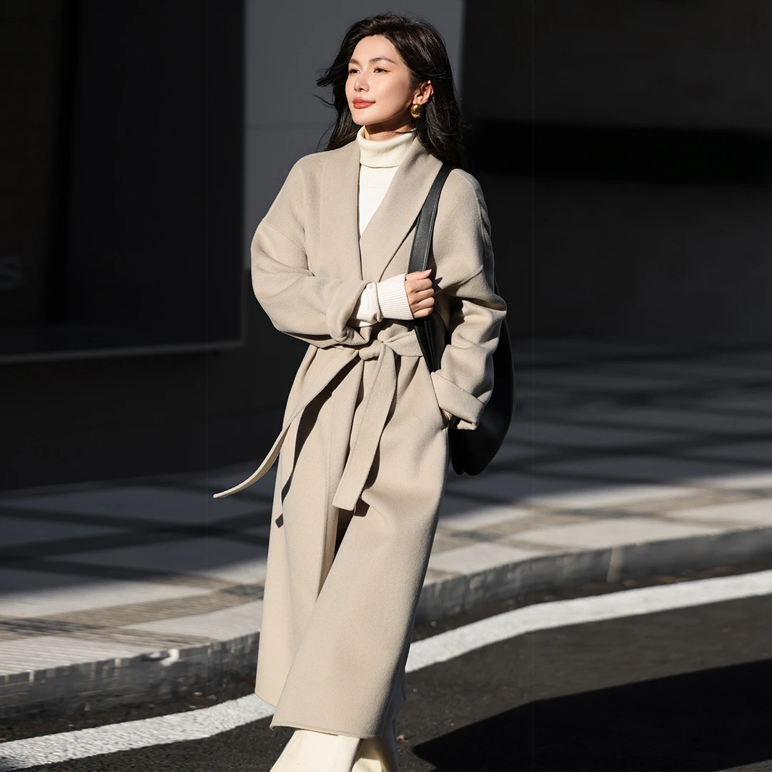 秋冬高端中长款青果领毛呢大衣袖口狐狸毛纯羊毛外套