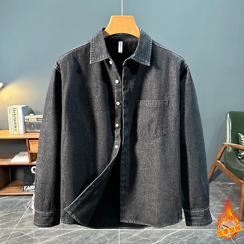 冬季潮流日系长袖衬衫男士时尚百搭加绒加厚保暖外套休闲牛仔衬衣