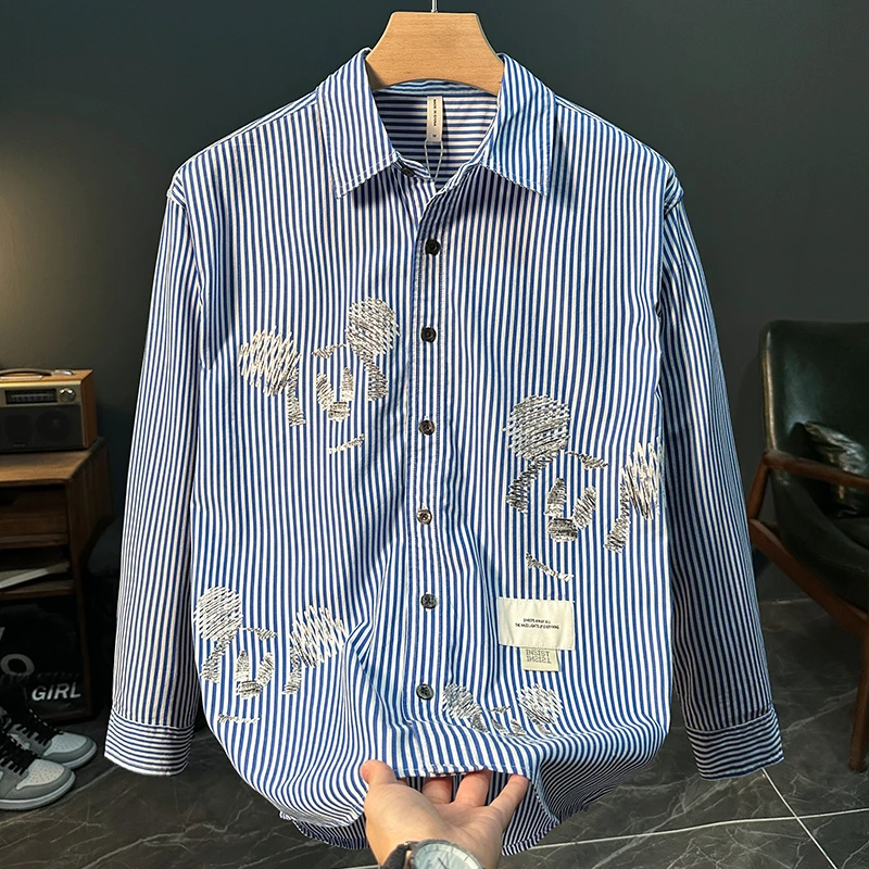 秋季潮流日系印花条纹长袖衬衫男士时尚休闲百搭文艺宽松上衣外套