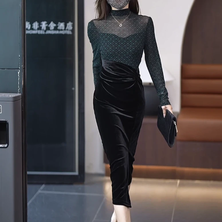 花色拼接气质显瘦女人味连衣裙Q191131