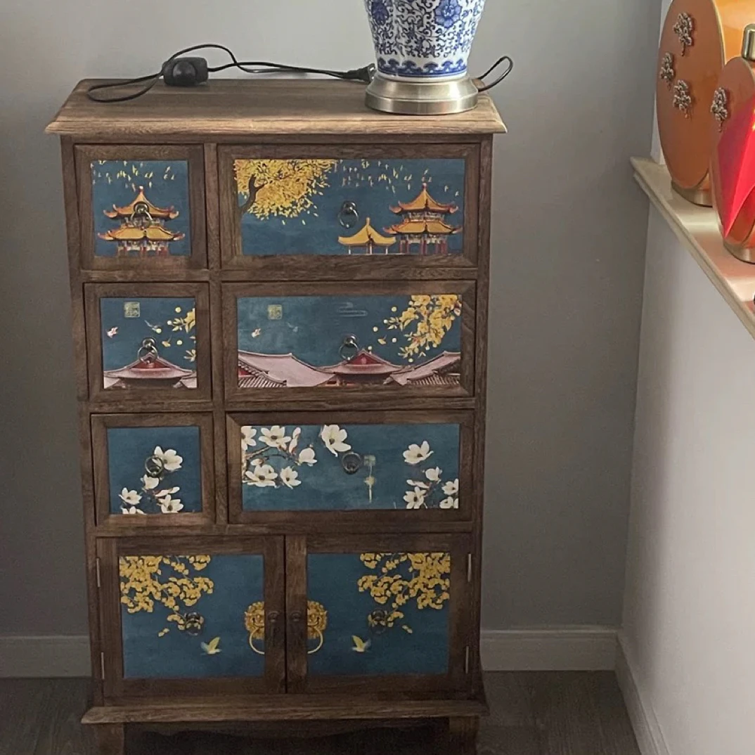 新中式复古风格做旧实木斗柜彩绘多功能收纳储物柜简易靠墙柜子