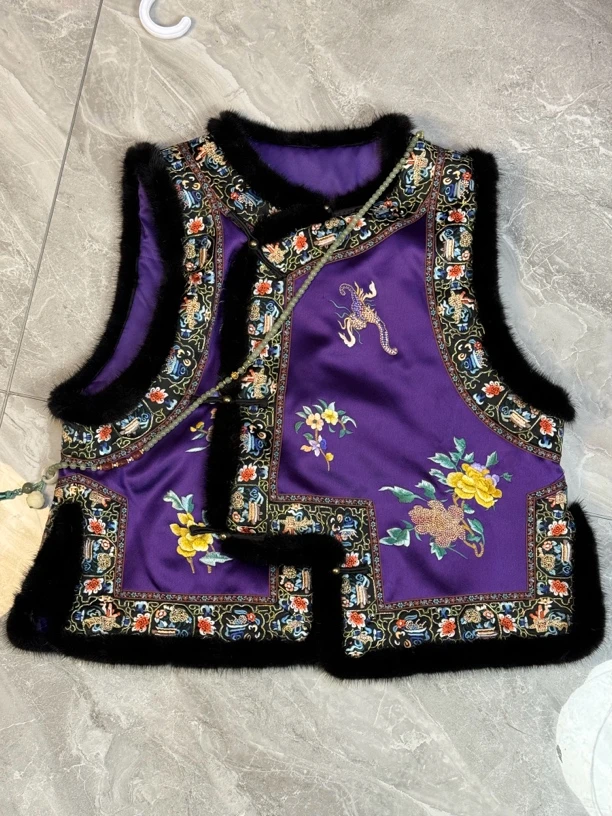 紫色重工刺绣斜襟马夹马甲女士民族风新中式