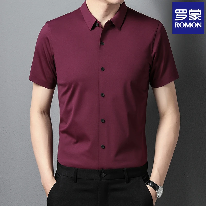 Romon/罗蒙商务休闲纯色衬衫无痕男装短袖中青年8099长袖常规开襟