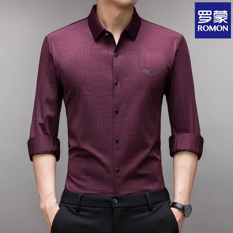 Romon/罗蒙【暗纹提花】2023秋季男士长袖衬衫商务休闲百搭9338红色