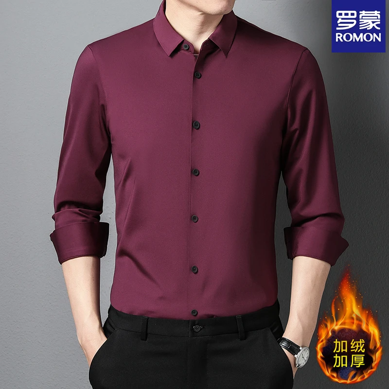 Romon/罗蒙【纯色衬衫】新款红色长袖结婚时尚明门襟加绒衬衣A999