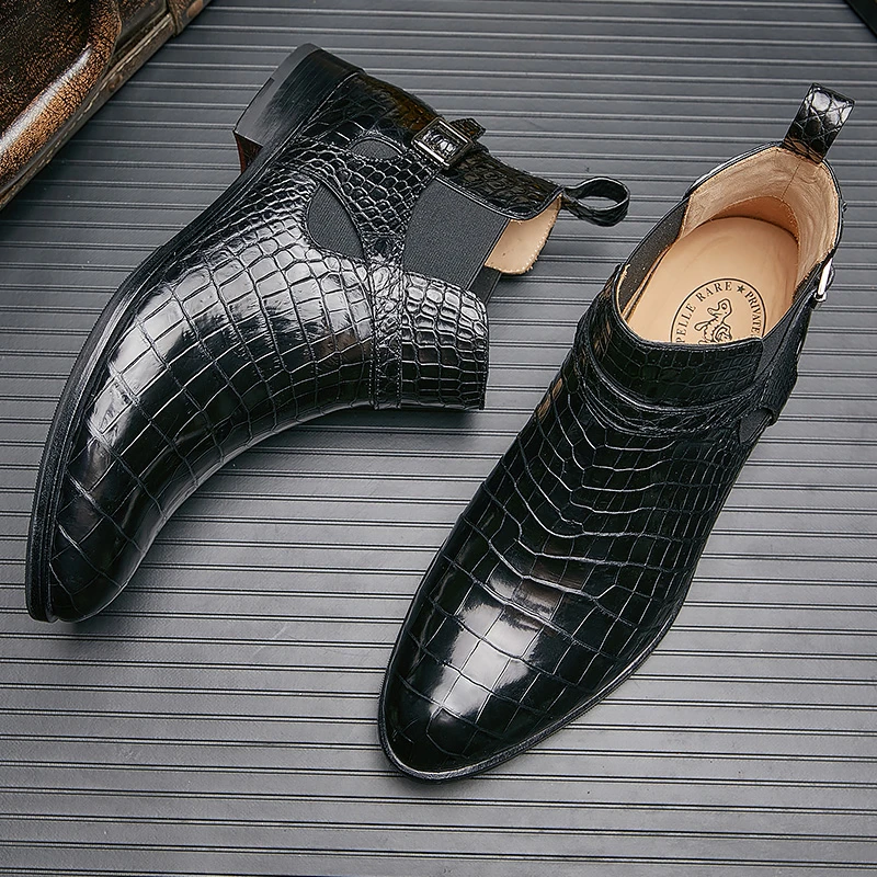 2023新款鳄鱼皮切尔西靴高端休闲男士皮鞋潮流百搭黑色短靴TH001