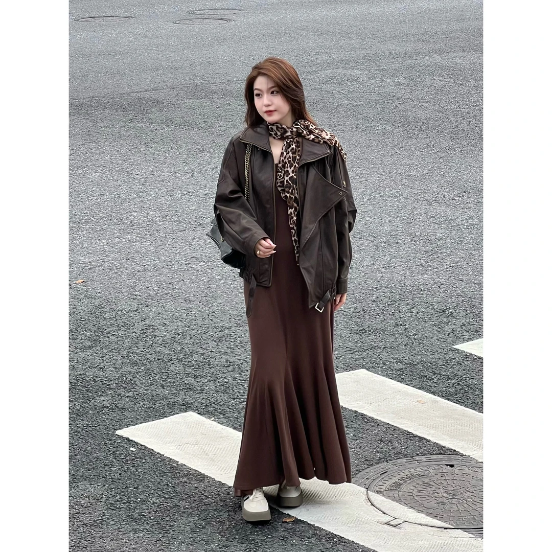 裂渡三妮【西西里岛】微胖大码女装廓形翻领机能夹克皮衣ZY408C114