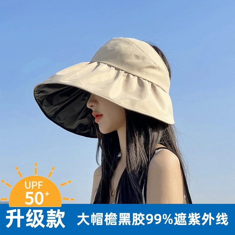 黑胶空顶遮阳帽遮脸防晒遮阳帽女士沙滩防紫外线遮阳帽大头围帽子