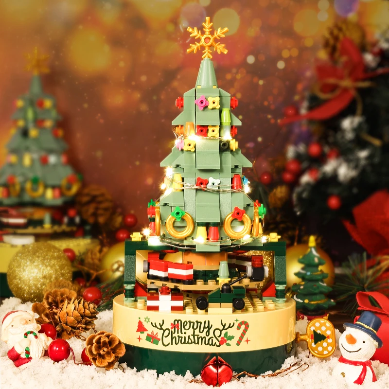 国潮积木圣诞树积木旋转音乐盒男女孩拼装玩具摆件圣诞节情侣礼物