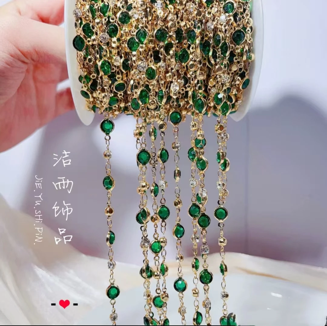 《洁雨饰品》 L00180 纯铜钻链6mm绿色包边玻璃链条保色