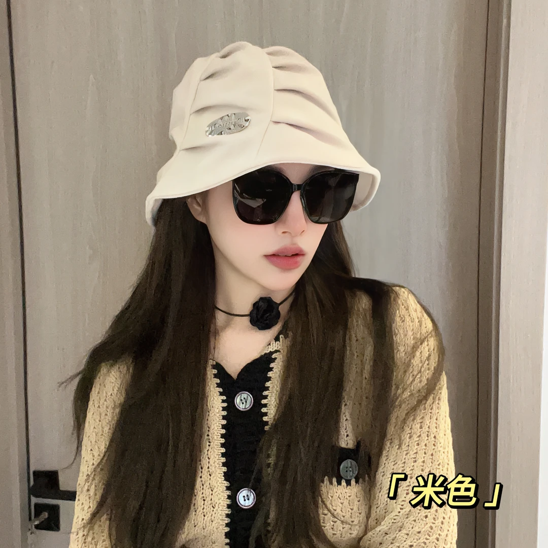 日系简约纯色褶皱金属标渔夫帽子女秋冬保暖百搭显脸小盆帽YF-5