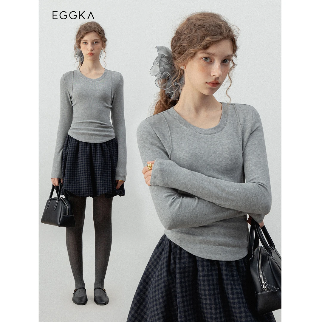 EGGKA “极简打底”基础设计感长袖T恤百搭气质打底衫E24A3517BK