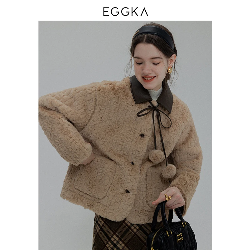 【神明少女】设计感皮领拼接毛绒休闲外套E23C1103AG