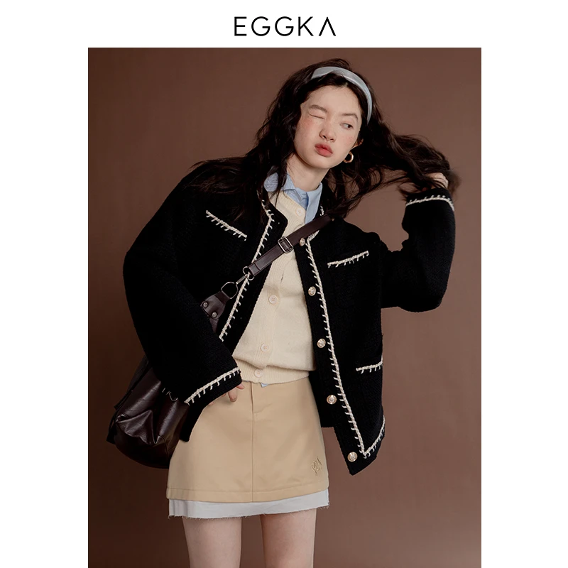 富家千金~黑色气质时尚小香风设计感休闲圆领长袖外套E23C1026BL